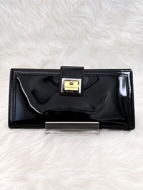 Salvatore Ferragamo Black Patent Leather Snap Wallet with Gold Plaque